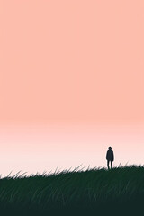 Obraz na płótnie Canvas Poster of a field with a gradient pink color sky and a silhouette human figure
