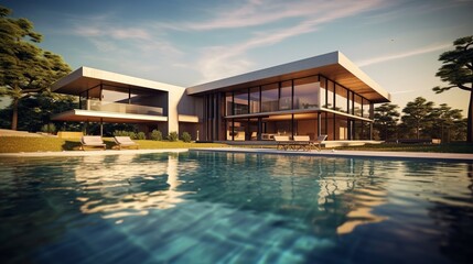Modern house with swimming pool and reflection in water. Toned. - obrazy, fototapety, plakaty