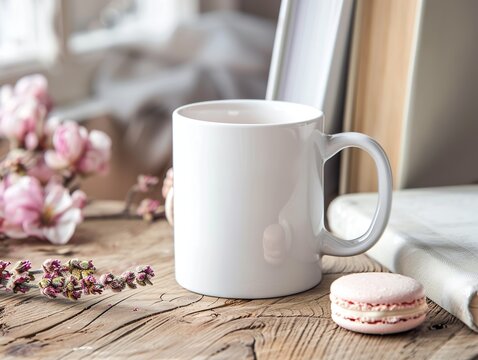 white blank coffee mug mockup, on rustic table with macarons and book