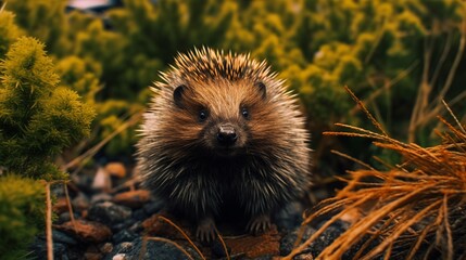 Hedgehog on the rocks in the forest. Wild animal. - obrazy, fototapety, plakaty