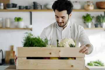 a handsome man, in a clean and calm white kitchen, holding a wooden crate with fennel, cauliflower and beets, Light background - obrazy, fototapety, plakaty