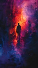 Fototapeta premium Dramatic Silhouetted Figure in Elusive Watercolor Dreamscape with Details and Bold Contrasting Colors