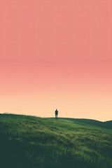 Poster of a field with a gradient pink color sky and a silhouette human figure
