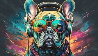 t-shirt design, Adorable french bulldog wearing sunglasses and headphone ,graffiti art ,comp.