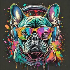 t-shirt design, Adorable french bulldog wearing sunglasses and headphone ,graffiti art ,comp.