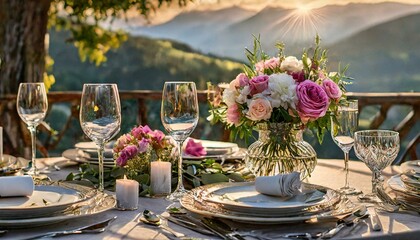 Wedding reception table setting with beautiful flowers , sparkling glassware and dishes, ext  - obrazy, fototapety, plakaty