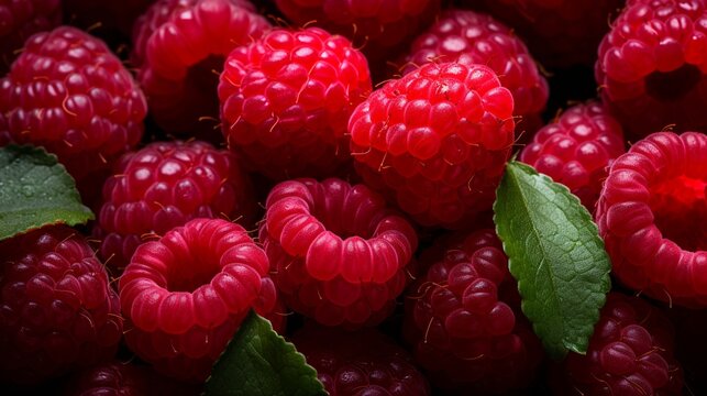 Ripe raspberries with green leaves close-up macro photography