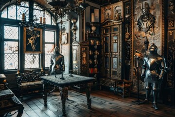 Interior design with knight statues, wooden table, and art pieces in a room