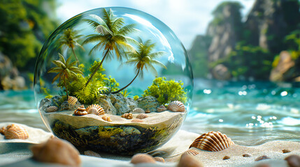 A round glass globe with miniature objects of palm trees, sands, rocks and shells inside it, with the background of the blue ocean - Powered by Adobe