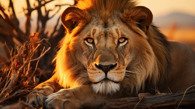 A male lion is sitting on the rock