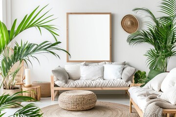 Green plants, couch, chairs, and picture frame in a stylish interior design