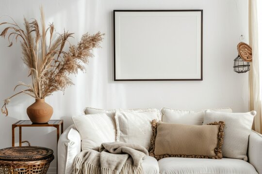 Interior design with white couch and wall picture frame in property building