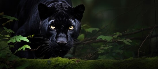 black jaguar in the forest - obrazy, fototapety, plakaty