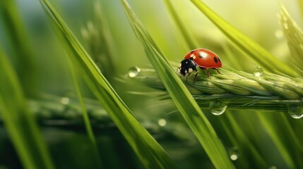 Juicy fresh ears of young green wheat and ladybug on nature in spring summer field