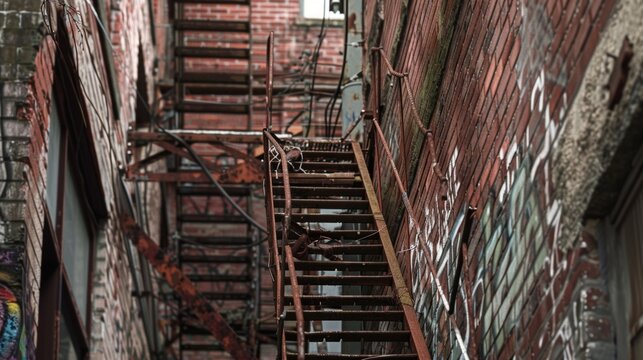 A rusty fire escape ladder adorned with graffiti and tangled wires peeks out from between two brick buildings in an alleyway.