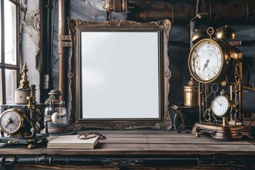 An antique rectangle picture frame sits next to a clock on a wooden table