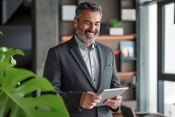 Fototapeta premium Caucasian man holding tablet phone in office