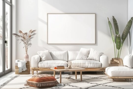A living room with white couch, picture frame, and wood flooring