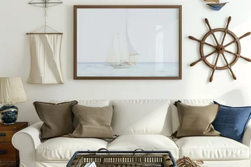 Fotobehang A sailboat picture frame above white couch in interior design © yuchen