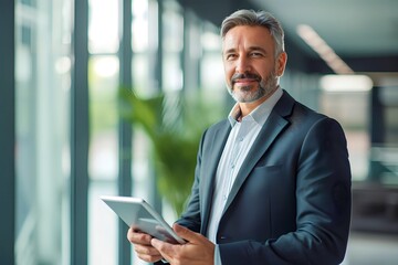 Caucasian man holding tablet phone in office