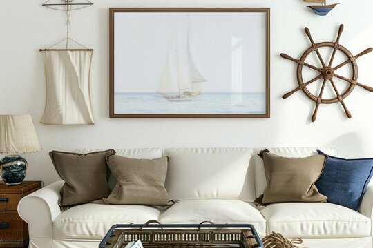 A sailboat picture frame above white couch in interior design