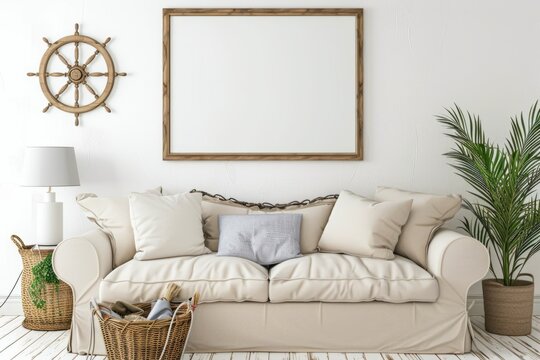 White couch and picture frame in living room with rectangle furniture and plant