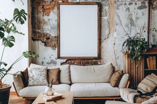 An interior design with a couch and a picture frame on the wall