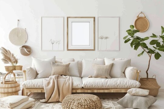 a living room with a couch , pillows , a plant and a picture frame on the wall