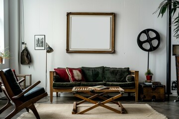 A living room with furniture and picture frame on the wall