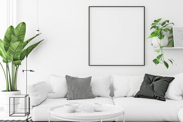 White couch, picture frame on grey wall in living room