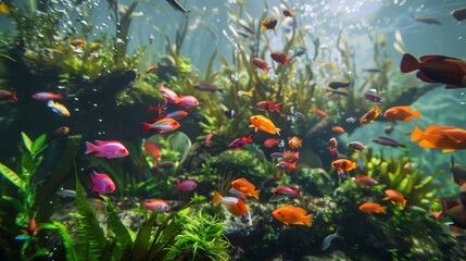 The podium is transformed into an underwater paradise with a backdrop of lush green seaweed and a diverse variety of radiant neoncolored . . - obrazy, fototapety, plakaty