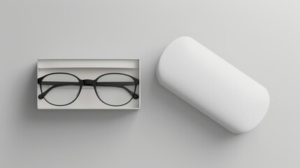 A pair of classic eyeglasses placed in an open box with a sleek white case on the side, featuring a blank label suitable for branding