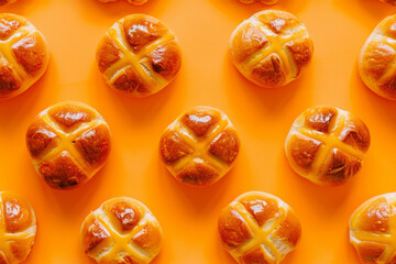 Overhead view of traditional easter hot cross buns, an easter snack - obrazy, fototapety, plakaty