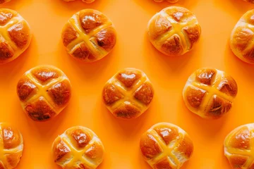 Foto op Aluminium Overhead view of traditional easter hot cross buns, an easter snack © ink drop