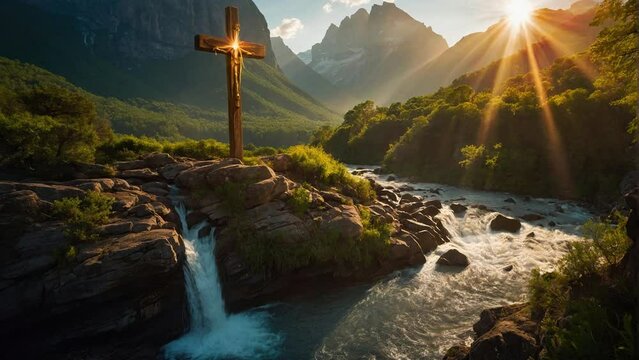 Christian Cross with creek and sunrise - Video Loop