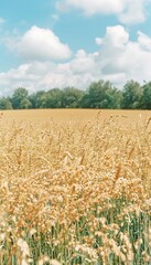 Field of golden wheat and blue sky with white clouds in summer day