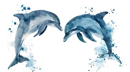 Watercolor Painting of Two Dolphins Engaging in Playful Heart Interaction, Graceful Aquatic Love Dance