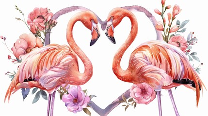 Watercolor flamingo couple forming a love heart, surrounded by flowers, isolated on white background, romantic elegance