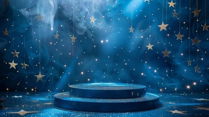 The deep navy blue background of the podium creates a striking contrast against the shimmering stars giving a celestial touch to this . . - obrazy, fototapety, plakaty