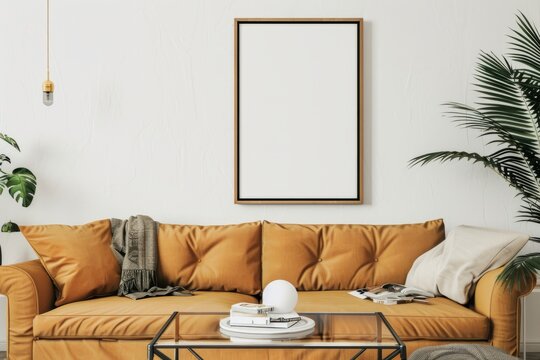 Furniture Yellow couch picture frame on wall in buildings living room