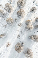Topdown aerial view of a snow field with trees
