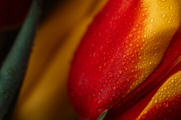 Background of a colored bouquet of tulips in water drops close-up.