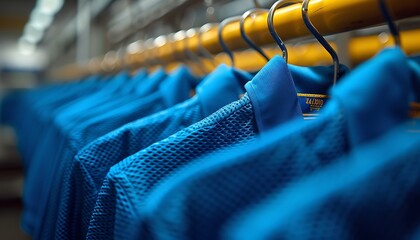 Neatly arranged row of freshly ironed blue shirts - obrazy, fototapety, plakaty
