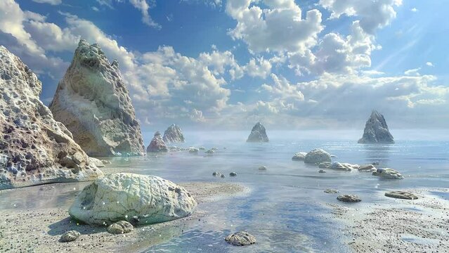 nature background in coastal bliss. a tranquil beach scene with rock formation. seamless looping overlay 4k virtual video animation background