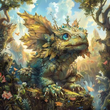 Mythical dragon creature adorned with vibrant flora and fauna in a sunlit fantasy forest