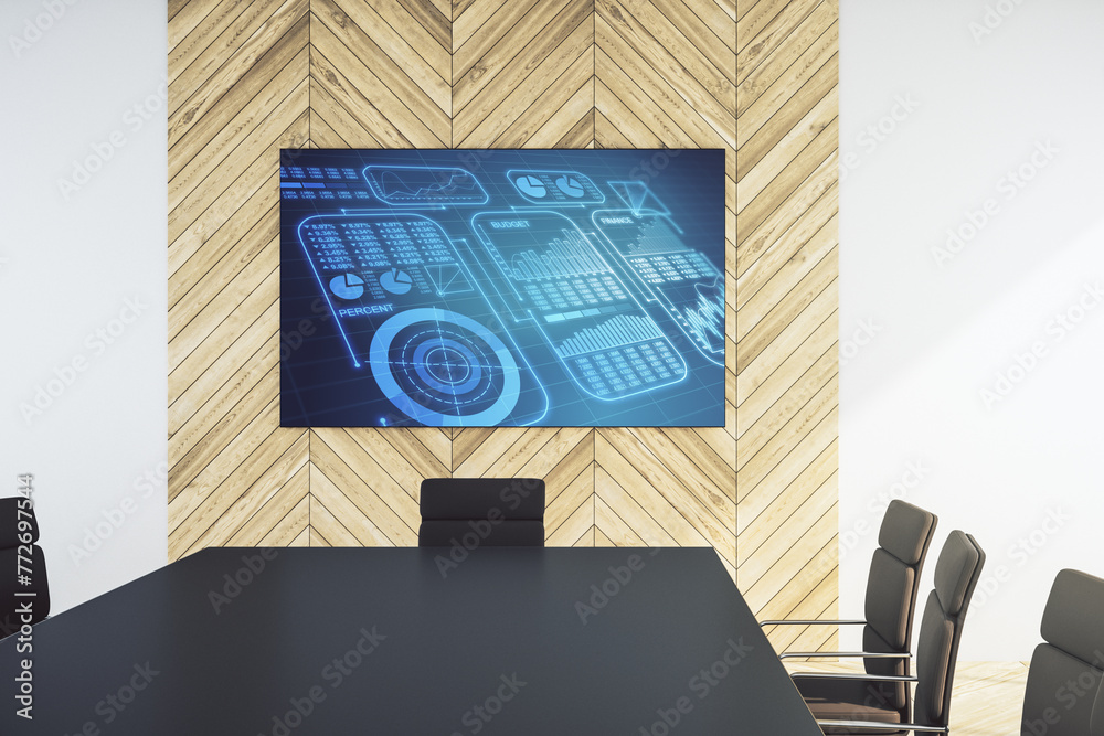 Poster abstract graphic data spreadsheet sketch on tv display in a modern presentation room, analytics and 