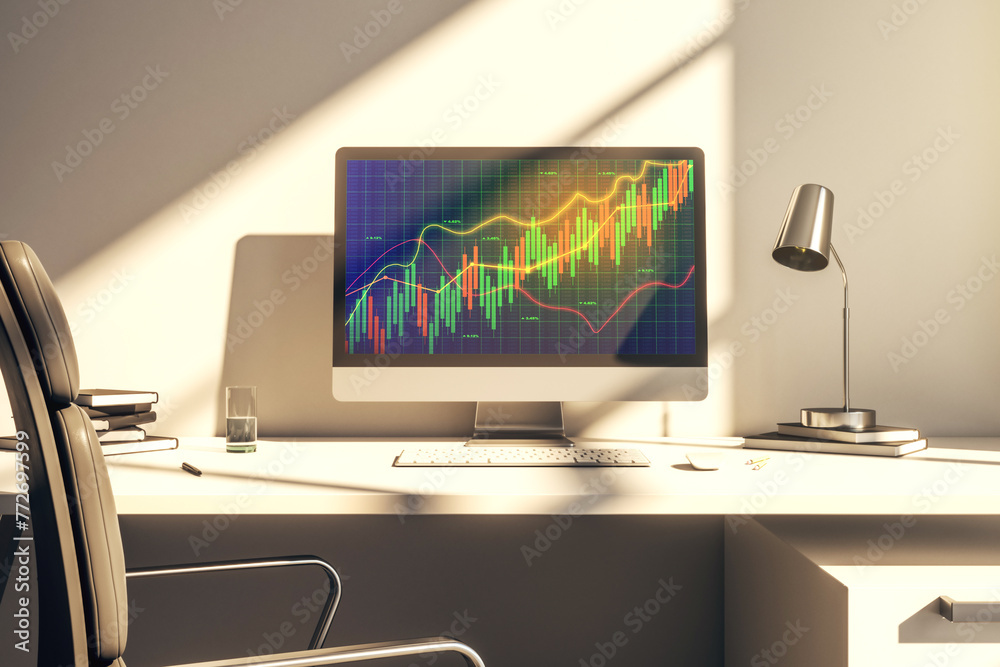 Poster abstract creative financial graph on modern laptop monitor, forex and investment concept. 3d renderi