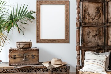 House interior with wooden trunk, mirror, hat, and plant in a rectangle design