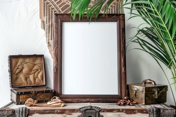 A picture frame atop a wooden trunk in a room with hardwood facade