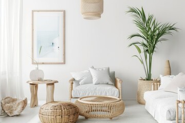 Interior design in a building with furniture, a palm tree, and wooden flooring